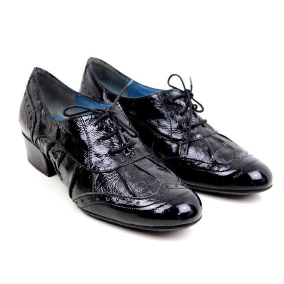 Biala BLACK PATENT GENUINE LEATHER LACE UP 1.5" LOW HEEL WOMEN'S SHOES Sz 6.5 M - Picture 1 of 10